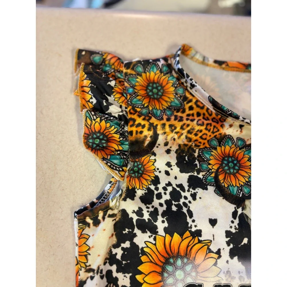 Western Can't Be Tamed Sunflower Cow Leopard Print‎ Ruffle Cap Sleeve Dress Kids